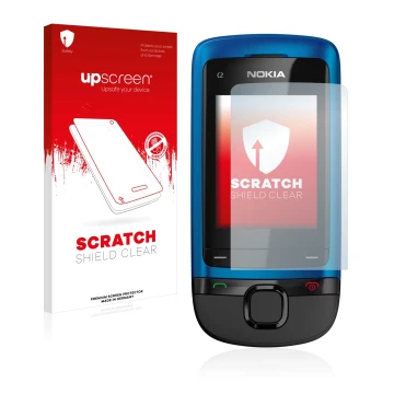 Front side of a product packaging with the brand logo upscreen. Next to it is the device Nokia C2-05 shown with the correspond