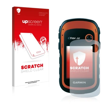 Front side of a product packaging with the brand logo upscreen. Next to it is the device Garmin eTrex 20 shown with the corres