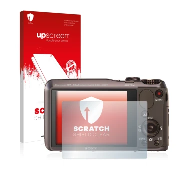 Front side of a product packaging with the brand logo upscreen. Next to it is the device Sony Cyber-Shot DSC-HX20V shown with 