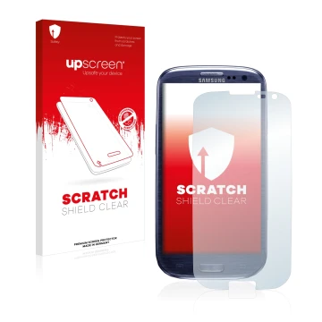 Front side of a product packaging with the brand logo upscreen. Next to it is the device Samsung Galaxy S3 I9300 shown with th