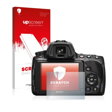 Front side of a product packaging with the brand logo upscreen. Next to it is the device Sony Alpha 37 (SLT-A37) shown with th