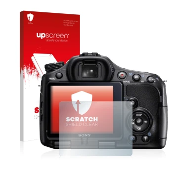 Front side of a product packaging with the brand logo upscreen. Next to it is the device Sony Alpha 57 (SLT-A57) shown with th