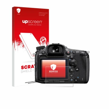 Front side of a product packaging with the brand logo upscreen. Next to it is the device Sony Alpha 99 shown with the correspo