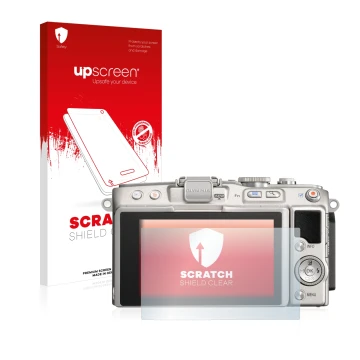 Front side of a product packaging with the brand logo upscreen. Next to it is the device Olympus PEN Lite E-PL5 shown with the