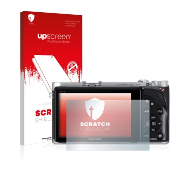 Front side of a product packaging with the brand logo upscreen. Next to it is the device Samsung NX300 shown with the correspo