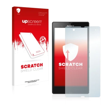 Front side of a product packaging with the brand logo upscreen. Next to it is the device Sony Xperia Z C6602 C6603 shown with 