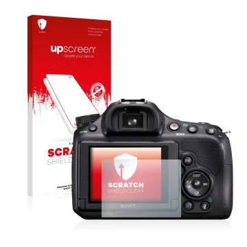 Front side of a product packaging with the brand logo upscreen. Next to it is the device Sony Alpha 58 (SLT-A58) shown with th