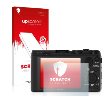Front side of a product packaging with the brand logo upscreen. Next to it is the device Sony Cyber-Shot DSC-HX50V shown with 