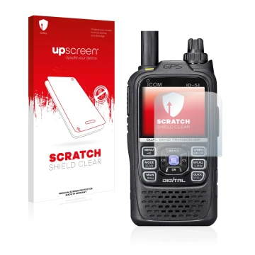 Front side of a product packaging with the brand logo upscreen. Next to it is the device Icom ID-51 shown with the correspondi