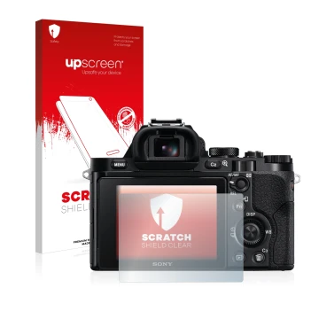 Front side of a product packaging with the brand logo upscreen. Next to it is the device Sony Alpha 7 (ILCE-7) shown with the 