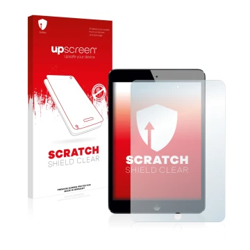 Front side of a product packaging with the brand logo upscreen. Next to it is the device Apple iPad Mini 2 2013 shown with the