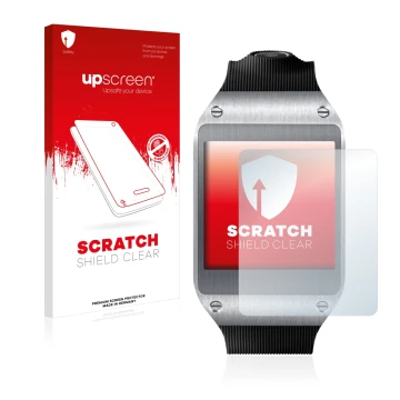 Front side of a product packaging with the brand logo upscreen. Next to it is the device Samsung Galaxy Gear V700 shown with t