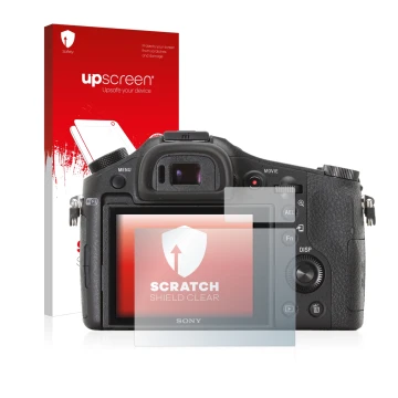 Front side of a product packaging with the brand logo upscreen. Next to it is the device Sony Cyber-Shot DSC-RX10 shown with t