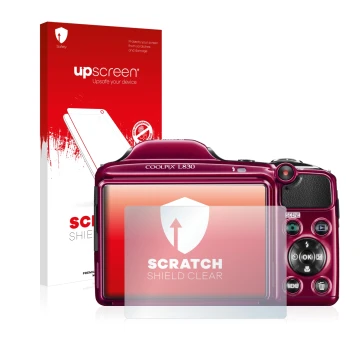 Front side of a product packaging with the brand logo upscreen. Next to it is the device Nikon Coolpix L830 shown with the cor