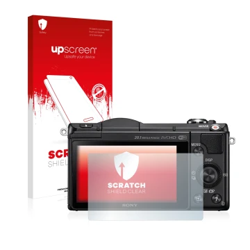 Front side of a product packaging with the brand logo upscreen. Next to it is the device Sony Alpha 5000 (DSLR-A5000) shown wi