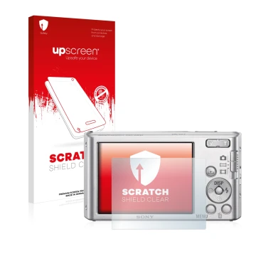 Front side of a product packaging with the brand logo upscreen. Next to it is the device Sony Cyber-Shot DSC-W830 shown with t