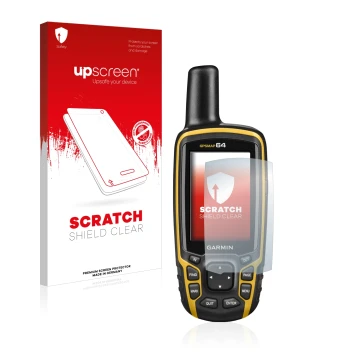 Front side of a product packaging with the brand logo upscreen. Next to it is the device Garmin GPSMAP 64 shown with the corre