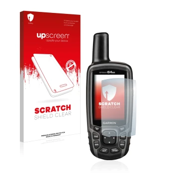 Front side of a product packaging with the brand logo upscreen. Next to it is the device Garmin GPSMAP 64st shown with the cor