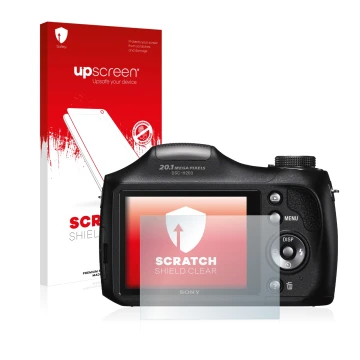 Front side of a product packaging with the brand logo upscreen. Next to it is the device Sony Cyber-Shot DSC-H300 shown with t