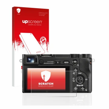 Front side of a product packaging with the brand logo upscreen. Next to it is the device Sony Alpha 6000 shown with the corres