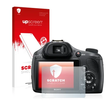 Front side of a product packaging with the brand logo upscreen. Next to it is the device Sony Cyber-Shot DSC-HX400V shown with
