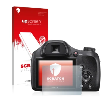 Front side of a product packaging with the brand logo upscreen. Next to it is the device Sony Cyber-Shot DSC-H400 shown with t