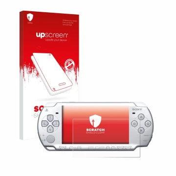 Front side of a product packaging with the brand logo upscreen. Next to it is the device Sony PSP 2004 shown with the correspo