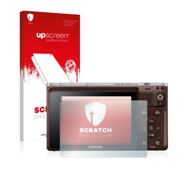 Front side of a product packaging with the brand logo upscreen. Next to it is the device Samsung NX Mini shown with the corres