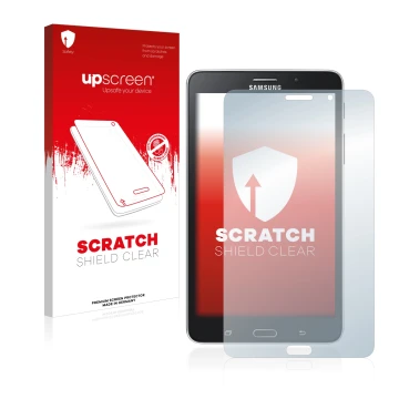 Front side of a product packaging with the brand logo upscreen. Next to it is the device Samsung Galaxy Tab Tab 4 7.0 LTE show