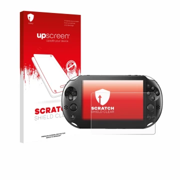 Front side of a product packaging with the brand logo upscreen. Next to it is the device Sony Playstation PS Vita Slim shown w