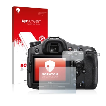 Front side of a product packaging with the brand logo upscreen. Next to it is the device Sony Alpha 77 II (SLT-A77 II) shown w