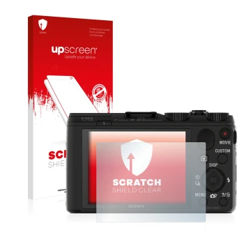 Front side of a product packaging with the brand logo upscreen. Next to it is the device Sony Cyber-Shot DSC-HX50 shown with t