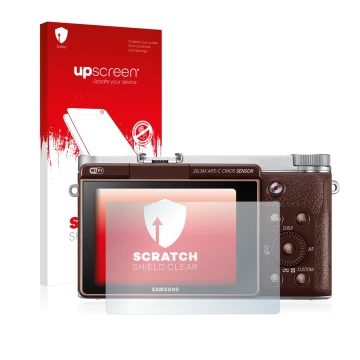 Front side of a product packaging with the brand logo upscreen. Next to it is the device Samsung NX3000 shown with the corresp