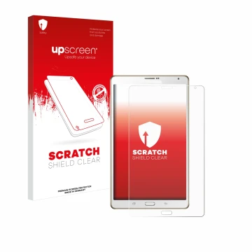 Front side of a product packaging with the brand logo upscreen. Next to it is the device Samsung Galaxy Tab S 8.4 SM-T705 show
