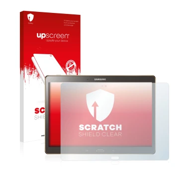 Front side of a product packaging with the brand logo upscreen. Next to it is the device Samsung Galaxy Tab S 10.5 SM-T800 sho