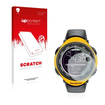 Front side of a product packaging with the brand logo upscreen. Next to it is the device Suunto Vector Yellow shown with the c