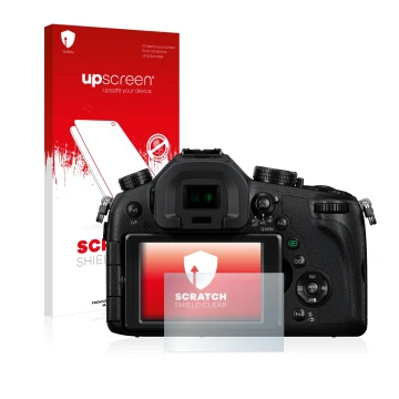 Front side of a product packaging with the brand logo upscreen. Next to it is the device Panasonic Lumix DMC-FZ1000 shown with