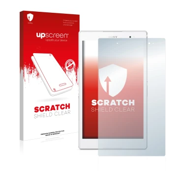 Front side of a product packaging with the brand logo upscreen. Next to it is the device Sony Xperia Z3 Tablet Compact SGP621 