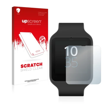 Front side of a product packaging with the brand logo upscreen. Next to it is the device Sony Smartwatch 3 SWR50 shown with th