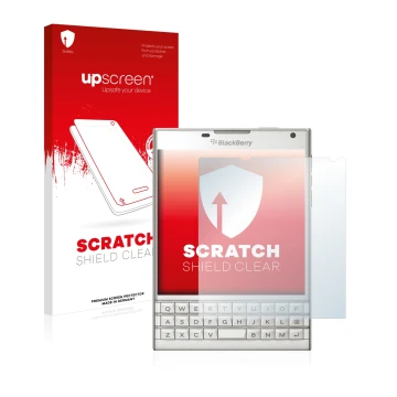 Front side of a product packaging with the brand logo upscreen. Next to it is the device BlackBerry Passport shown with the co