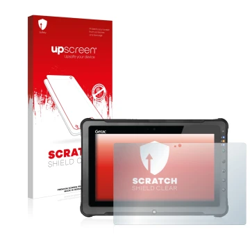 Front side of a product packaging with the brand logo upscreen. Next to it is the device Getac F110 G5 shown with the correspo