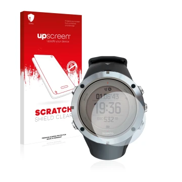Front side of a product packaging with the brand logo upscreen. Next to it is the device Suunto Ambit3 Peak Sapphire shown wit