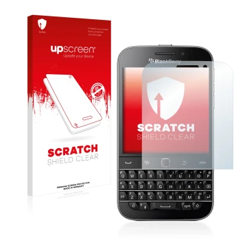 Front side of a product packaging with the brand logo upscreen. Next to it is the device Blackberry Classic Q20 shown with the