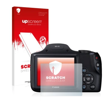 Front side of a product packaging with the brand logo upscreen. Next to it is the device Canon PowerShot SX530 HS shown with t