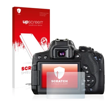 Front side of a product packaging with the brand logo upscreen. Next to it is the device Canon EOS 750D shown with the corresp