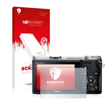 Front side of a product packaging with the brand logo upscreen. Next to it is the device Samsung NX500 shown with the correspo