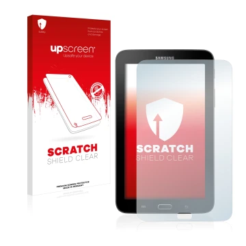 Front side of a product packaging with the brand logo upscreen. Next to it is the device Samsung Galaxy Tab 3 SM-T113 shown wi