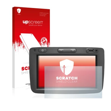 Front side of a product packaging with the brand logo upscreen. Next to it is the device Dacia Media Nav shown with the corres