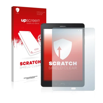 Front side of a product packaging with the brand logo upscreen. Next to it is the device Samsung Galaxy Tab A 9.7 shown with t