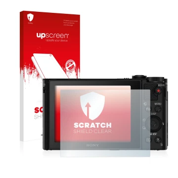 Front side of a product packaging with the brand logo upscreen. Next to it is the device Sony Cyber-Shot DSC-HX90V shown with 